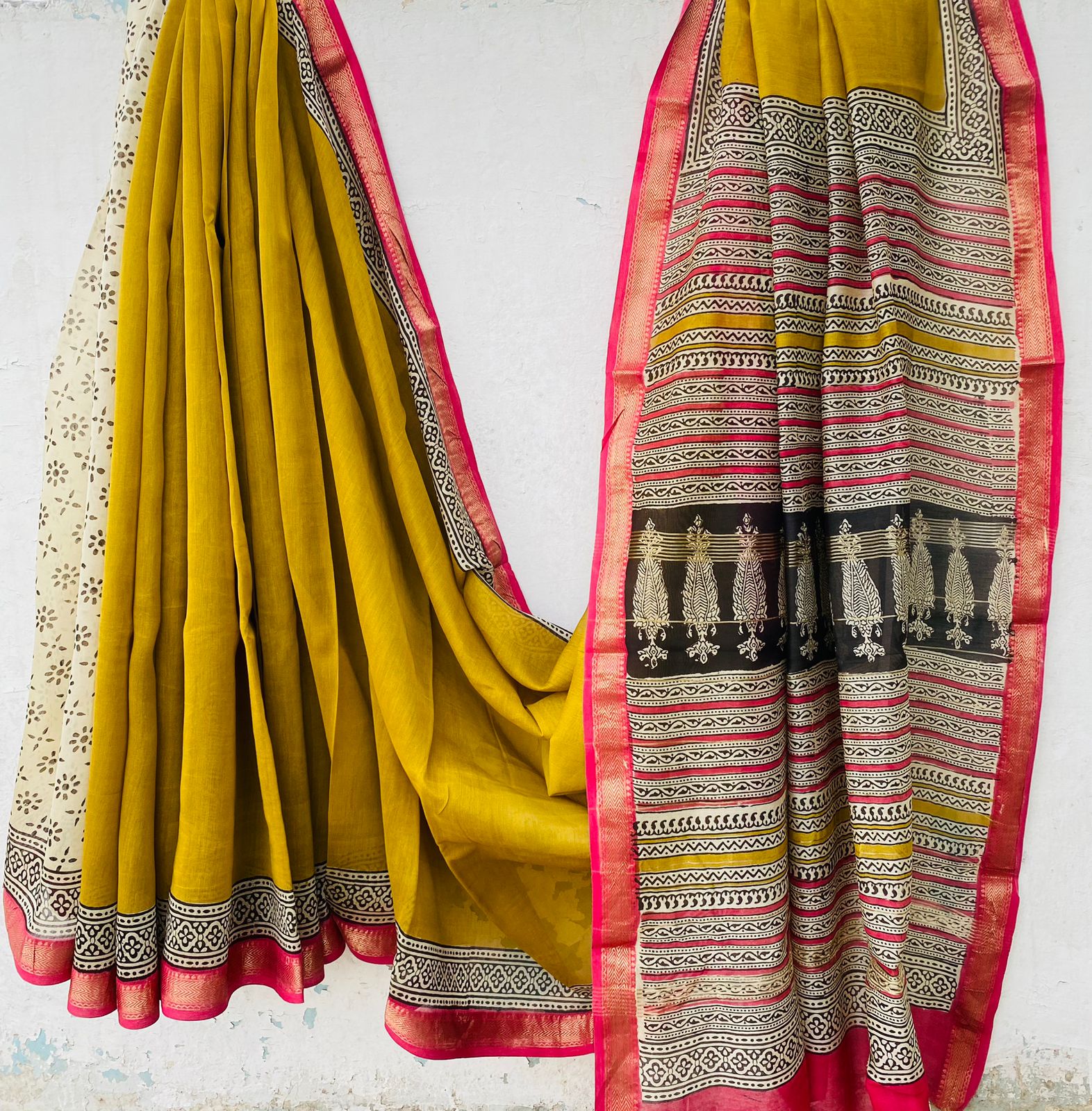Maheshwari silk saree wholesale, hand block printed yellow red stripes, pure silk saree by Fabtexs